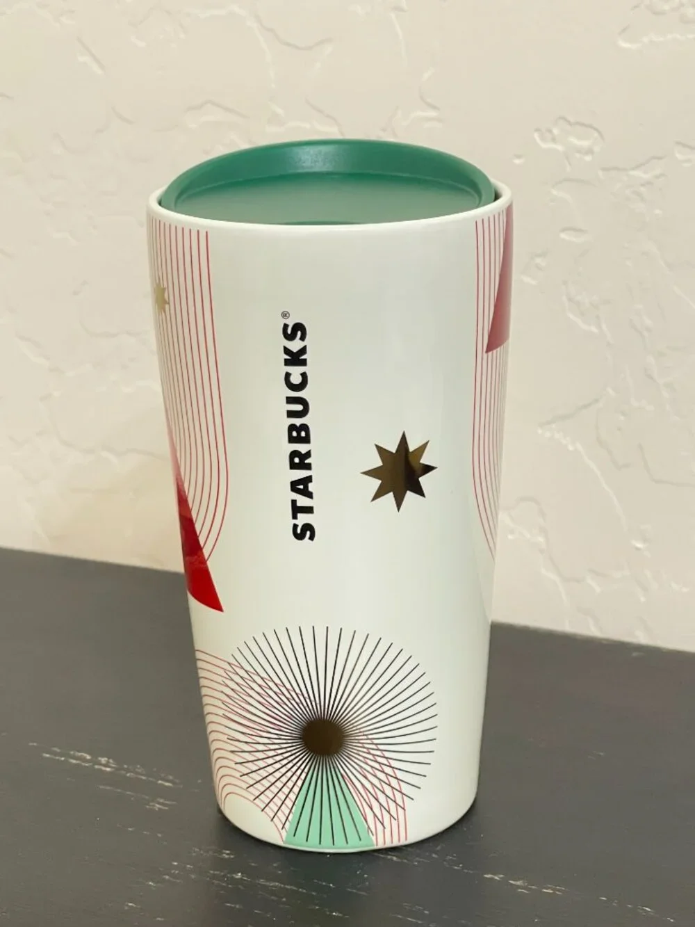 Starbucks Cup Mug with Lid Christmas Trees Stars Holiday Ceramic Tall 12 oz